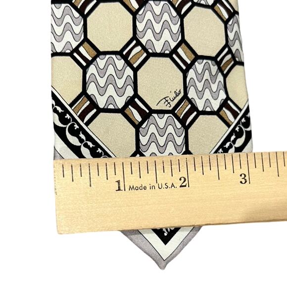 Emilio Pucci Yellow Gray Zig Zag Octagon Geometric Luxury 100% Silk Necktie Tie - Picture 2 of 7